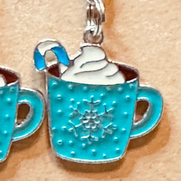 Stainless Steel Earring Hooks Dangle Teal Cocoa Cream Mug Silver Design Handmade - Picture 3 of 7